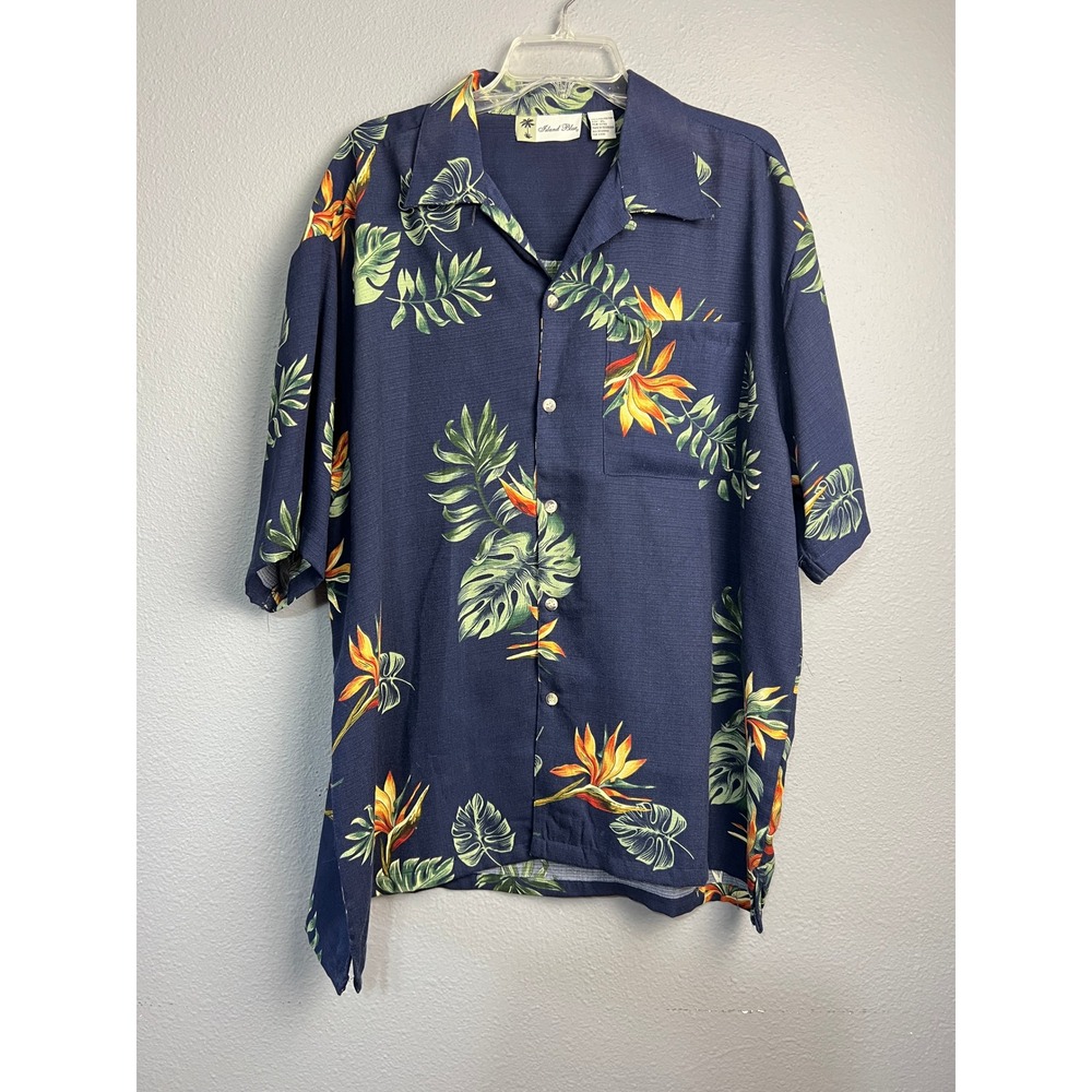 Island Blue XL Navy Tropical‎ Bird of Paradise Floral Hawaiian Shirt Vacation